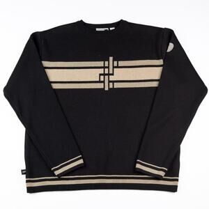 Puma Knit Crewneck Sweater Black Tan Striped Logo Mens Large Golf